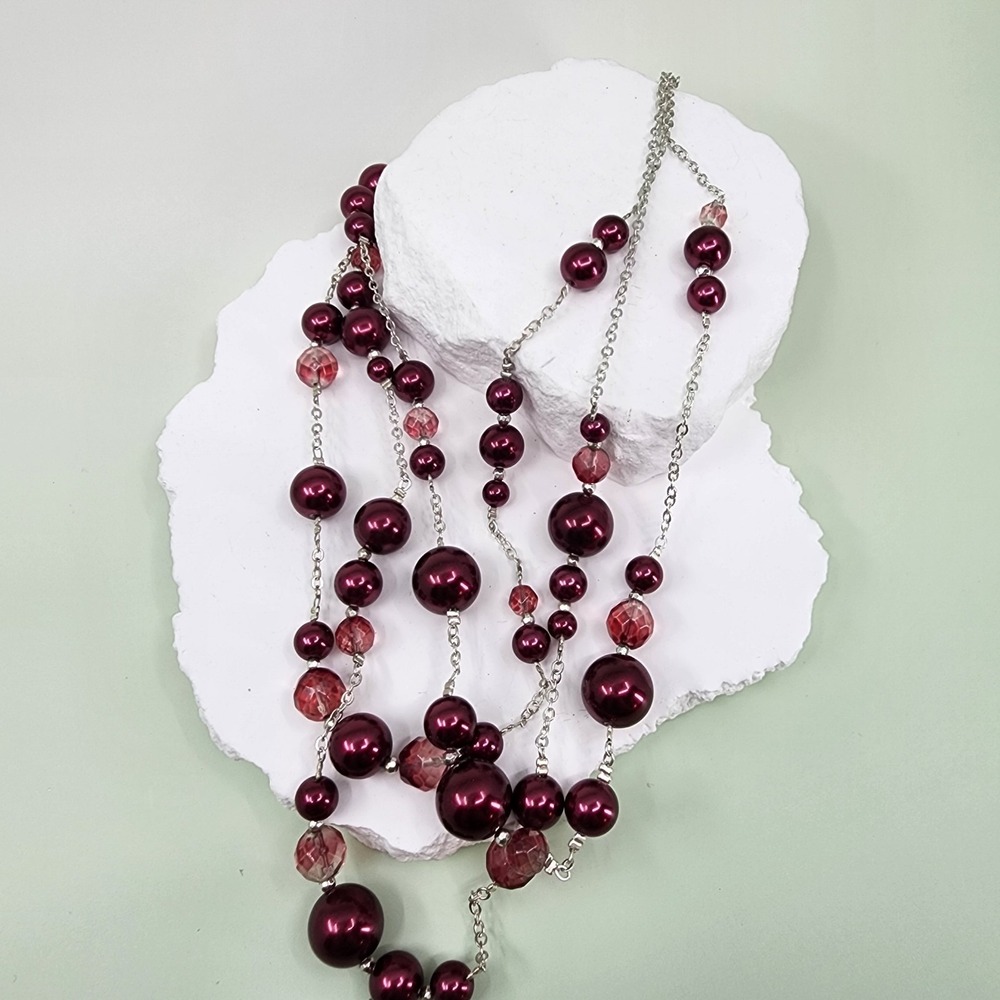 White House Black Market Burgundy Faux Pearl Multi Strand Statement Necklace